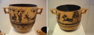 Black figure skyphos from Kabeiric, Boeotia, 400 BC - source Archaeological Museum, Athens